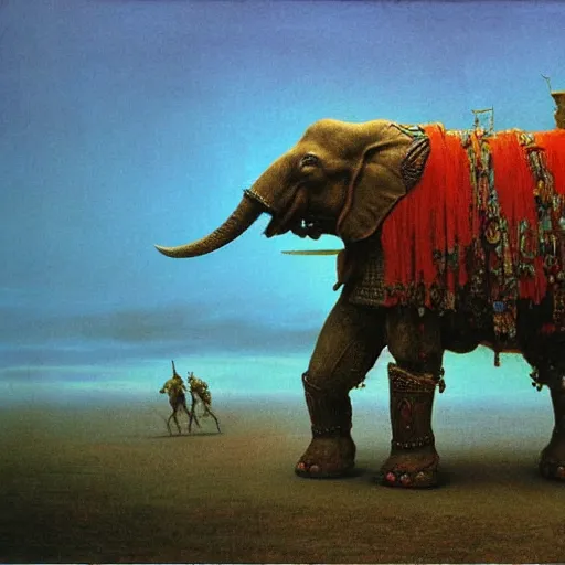 Image similar to ancient war elephant in ancient armor, beksinski