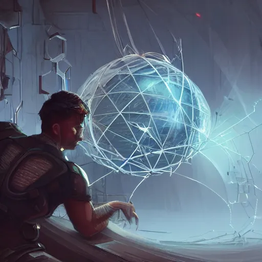 Image similar to Humans working on a mysterious sphere, epic, cinematic lighting, machinery, wires and lightning, intricate, highly detailed, digital painting, artstation, concept art, sharp focus, illustration, art by artgerm, cgsociety