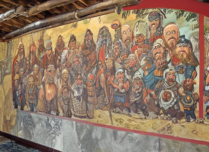 Image similar to dwarven mural depicting a family history of mountain dwarves. a large jewel is the focal point of the mural