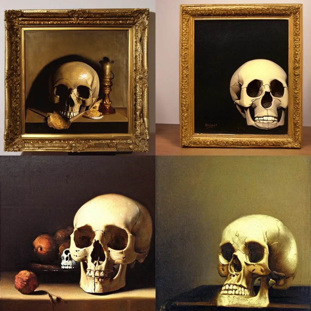 Prompt: Oil painting of a still life scene with a human skull by Rembrandt