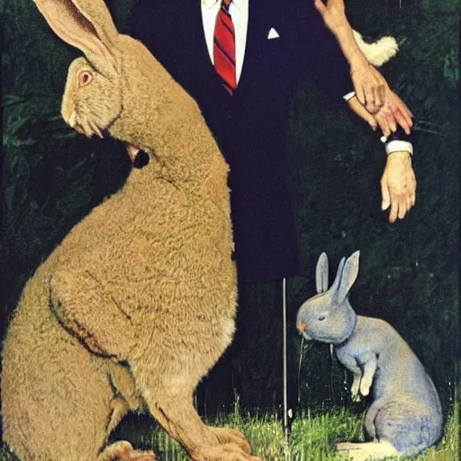 Prompt: joe biden being led around by a large rabbit, artist norman rockwell,