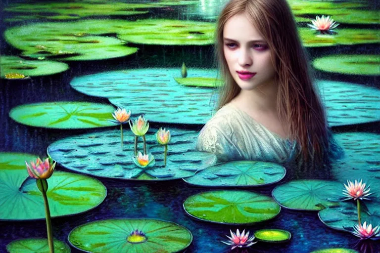 Prompt: light teal portrait in the rain on pond with waterlilies, fantasy, intricate, elegant, dramatic lighting, emotionally evoking symbolic metaphor, highly detailed, lifelike, photorealistic, digital painting, artstation, concept art, smooth, sharp focus, illustration, art by John Collier and Albert Aublet and Krenz Cushart and Artem Demura and Alphonse Mucha