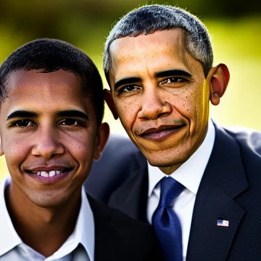 Image similar to A portrait Obama teams up with a teenage Obama, perfect faces, 50 mm, award winning photography