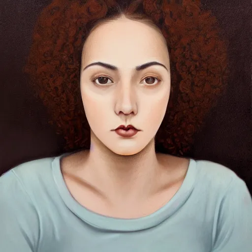 Image similar to portrait of a young lady with curly black hair and brown eyes and round face with thin lips, hyperrealistic, ultra detailed, brown eyes