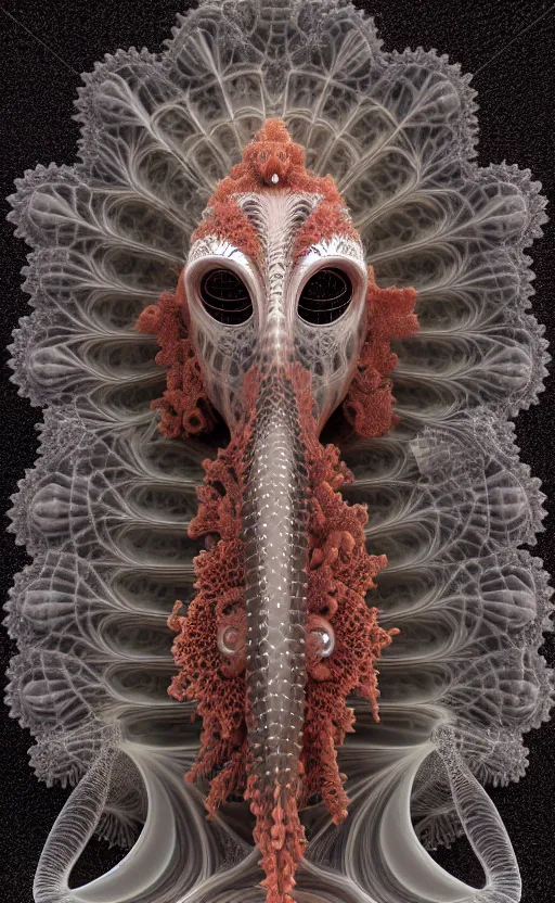 Image similar to gothic goddess intricate mask, eagle coral, jelly fish, mandelbulb 3 d, fractal flame, octane render, cyborg, biomechanical, futuristic, by ernst haeckel