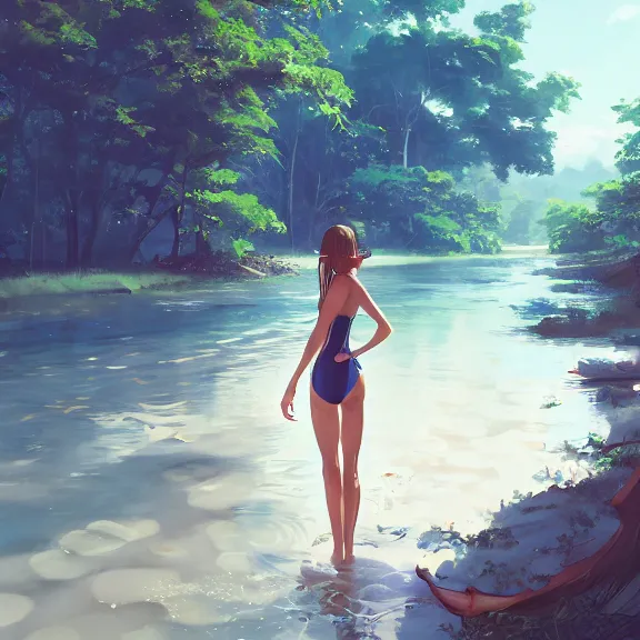 Image similar to one single girl wearing a blue full body bathing suit wading, wading weight high water, standing in a narrow river, trees bent over the river, shady, ripples, facing, looking at the camera, inviting look, atmospheric lighting. By Makoto Shinkai, Stanley Artgerm Lau, WLOP, Rossdraws, James Jean, Andrei Riabovitchev, Marc Simonetti, krenz cushart, Sakimichan, trending on ArtStation, digital art.