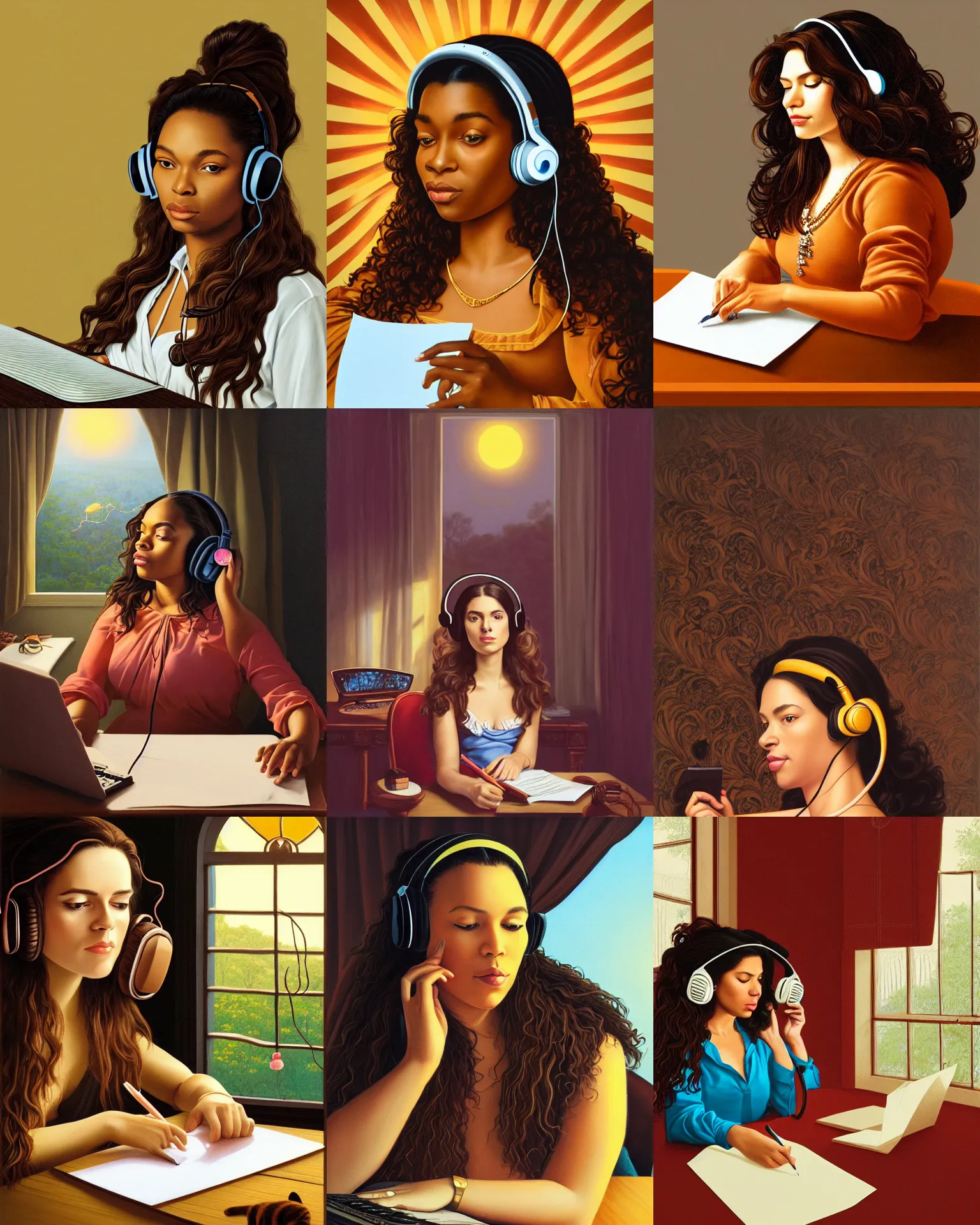 Prompt: Portrait of a long brown haired elegant woman with headphones in a warm glowing scenery writing on paper by kehinde wiley, sunset, fat cat on desk, window in room, natural light beam, fantasy, intricate sparkling atmosphere, lofi, artstation, fine art, artgerm