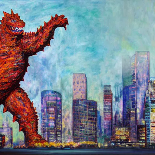 Prompt: Hyperrealistic intensely colored studio Photograph portrait of a Godzilla terrorizing Omaha skyline long exposure, award-winning nature expressionistic impasto oil painting by Fabian Marcaccio and Jean Dubuffet and Audubon vivid colors hyperrealism 8k