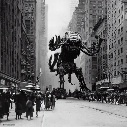 Image similar to old black and white photo, 1 9 1 3, depicting a giant biomechanical alien monster kaiju robot rampaging through the bustling streets of new york city, historical record