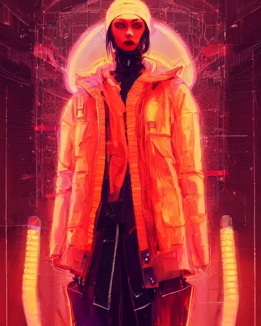 Image similar to detailed full body portrait of a gorgeous witch, cyberpunk futuristic neon, orange reflective puffy coat, decorated with traditional Japanese ornaments by Ismail inceoglu dragan bibin hans thoma greg rutkowski Alexandros Pyromallis Nekro Rene Maritte Illustrated, Perfect face, fine details, realistic shaded, fine-face, pretty face