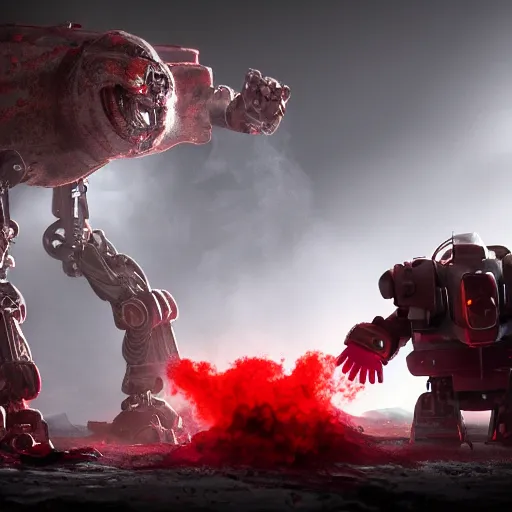 Image similar to post - apocalyptic, a very strong robot with red enerygies shaking the hand with a mighty alien creature that has multiple eyes. smoke. volumetric lighting, sharp focus, ultra detailed, cgsociety