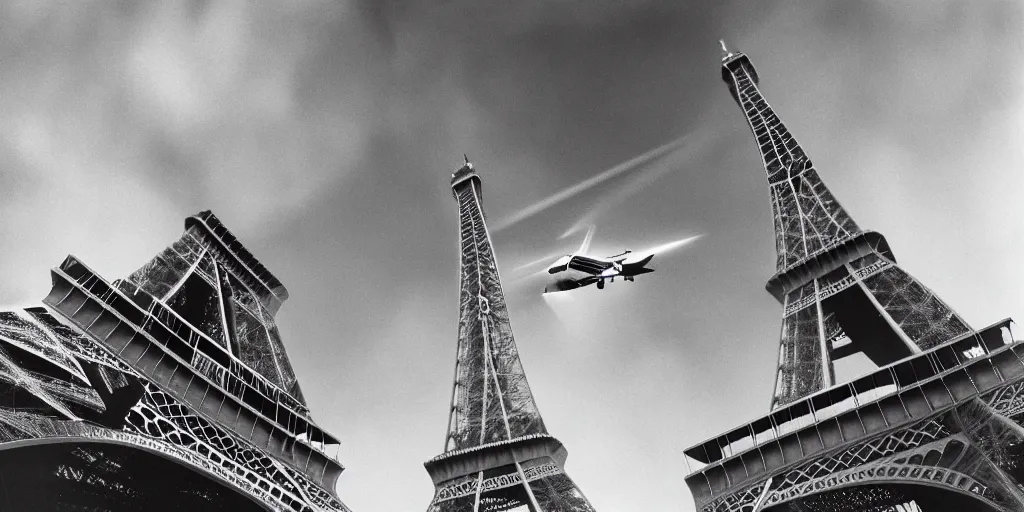 Image similar to eiffel tower being hit by a plane similar to the 9 / 1 1 attack, polaroid, 6 0's, hyperrealism, no blur, 4 k resolution, ultra detailed