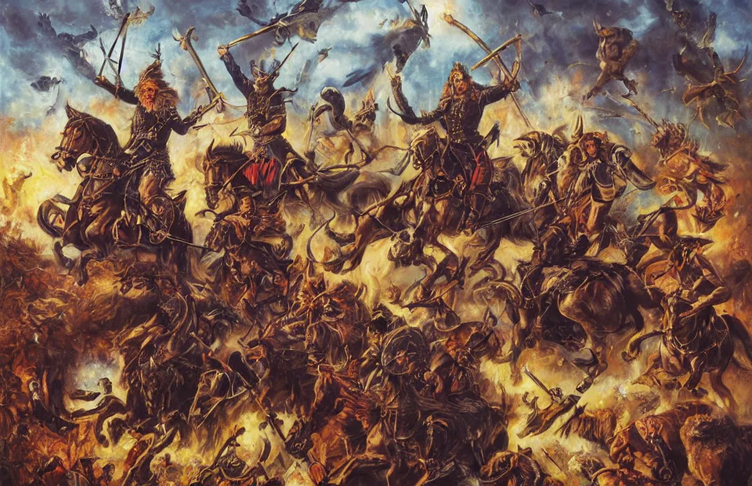 Image similar to oil painting of the wild hunt of odin