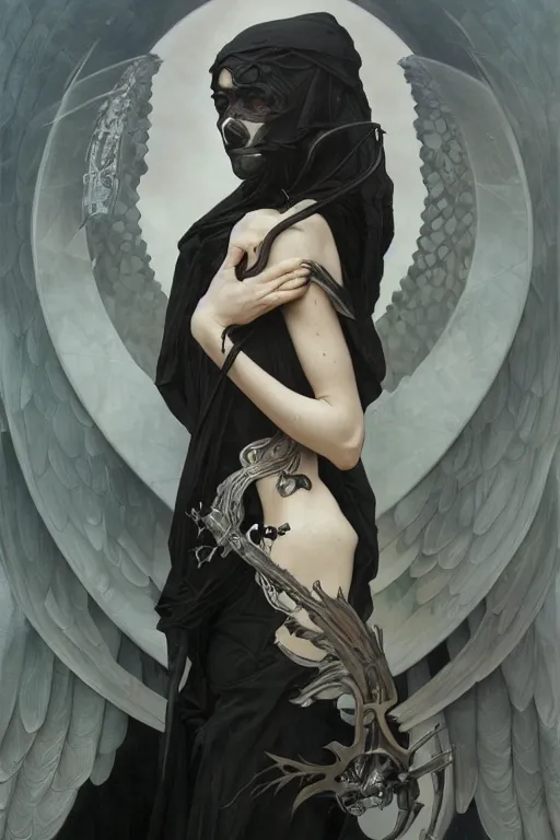 Image similar to portrait of the angel of death, black and silver, by tom bagshaw and alphonse mucha and atey ghailan and artgerm and and greg rutkowski, hyper realistic, octane render, trending on artstation