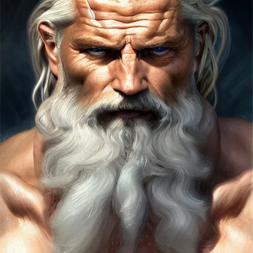 Prompt: painted portrait of rugged zeus, greek god, 4 0 years old, handsome, white hair, soft hair, upper body, muscular, hairy torso, fantasy, intricate, elegant, highly detailed, digital painting, artstation, concept art, smooth, sharp focus, illustration, art by artgerm and greg rutkowski and alphonse mucha