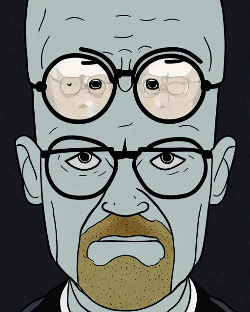 Image similar to portrait of walter white in the style of justin roiland. heisenberg from breaking bad. cinematic lighting. style of rick & morty. photographic, photography. by justin roiland