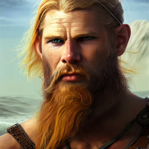 Image similar to portrait of a viking, male standing on the beach facing camera, epic fantasy, detailed, intricate, digital painting, concept art, realistic, smooth, focus, rim light