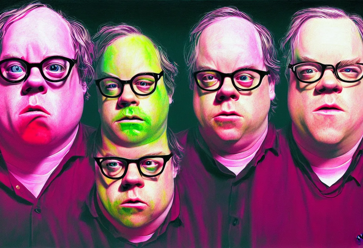Prompt: bright psychedelic todd solondz and philip seymour hoffman, crying and puking, abused, bully, diffuse lighting, fantasy, intricate, elegant, highly detailed, lifelike, photorealistic, digital painting, artstation, illustration, concept art, smooth, sharp focus, art by francis bacon
