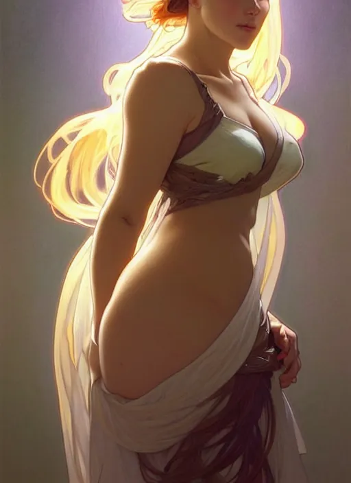 Image similar to digital character concept art by artgerm and greg rutkowski and alphonse mucha. clear portrait of a modern young wife blessed by god to unstoppably grow more perfect and fertile!! blonde, in clothes! holy full - figured! emotive, light effect. hyper detailed, glowing lights!! intricate, elegant, digital painting, artstation, smooth, sharp focus