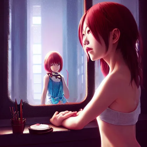 Image similar to very small little girl by ross tran : : reaching into their reflection in the mirror by sana takeda : : rtx reflections, very high intricate details, digital anime art by artgerm, medium shot, mid - shot, composition by ilya kuvshinov, lighting by greg rutkowski