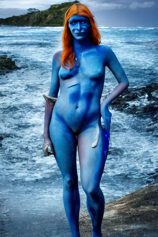 Image similar to a young german woman dressed as a blue-skinned triton from DND standing on a beach, blue body paint, high resolution film still, 8k, HDR colors, cosplay, outdoor lighting, high resolution photograph, photo by bruce weber, beautiful symmetric face