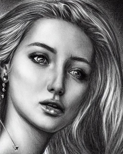 Image similar to pencil drawing of a beautiful greek goddess aphrodite with arrowhead earrings, beautiful piercing eyes, beautiful blonde hair, hyper realistic face, in the style of greg rutkowski, fantasy, amazing detail, epic, elegant, smooth, sharp focus, from the front