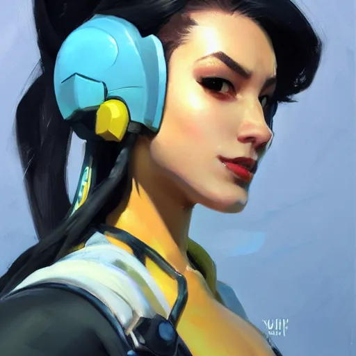 Image similar to greg manchess portrait painting of yuffi as overwatch character, medium shot, asymmetrical, profile picture, organic painting, sunny day, matte painting, bold shapes, hard edges, street art, trending on artstation, by huang guangjian and gil elvgren and sachin teng