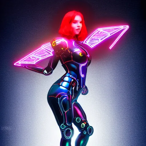 Prompt: Cyborg Woman, full-body shot of a woman with large mechanical wings, neon art style, futuristic art style, digital art, 8k quality, by Leo Avero and Eva Balloon, award-winning art