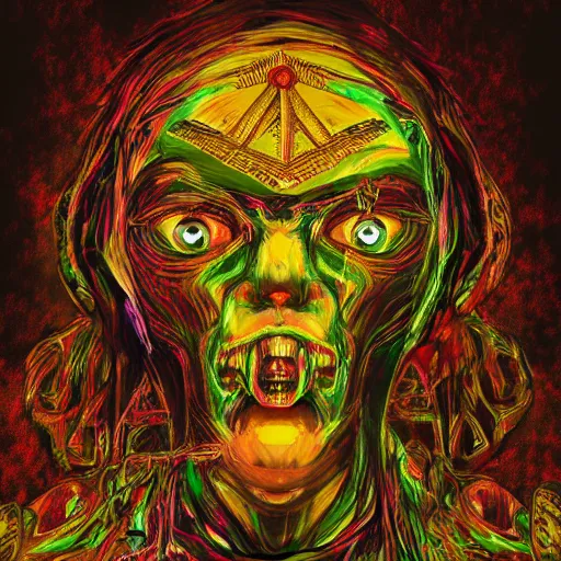 Image similar to portre of an autistic demon on acid, masonic and kabalistic symbols in background, digital art, 8k, delicate details