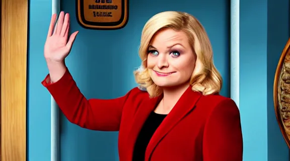 Image similar to leslie knope from the tv show parks and recreation waving goodbye