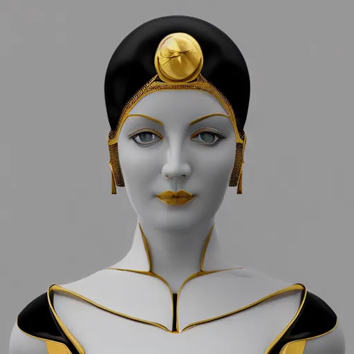 Image similar to smooth white marble statue face of gorgeous woman, black onyx details, black and gold wires, hyper realistic render, super detailed, photo quality, octane render, corona render