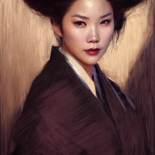 Prompt: detailed realistic cinematic wide shot of beautiful attractive hollow cheeks asian woman wearing black suit robe slim face symettrical face clean skin black eyes black robe smooth, sharp focus, ultra realistic, spring light, painting by gaston bussiere, craig mullins, j. c. leyendecker