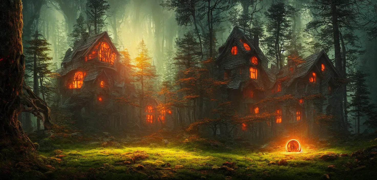 Image similar to random scary forest house landscape, big round glowing multicoloured portal house, central symmetrical composition, incredible, vector art, octane render, fabulous, hyper detailed, random cinematic view, no noise, global illumination, warm lighting, volumetric, godrays, vivid, beautiful, by jordan grimmer