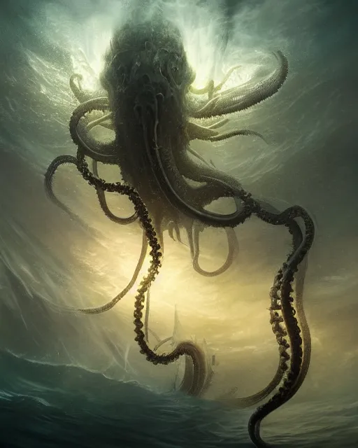 Image similar to A matted painting of a sea monster with many tentacles, on an underwater environment with expansive views of space, dark and moody, inspired by greg rutkowski and Keith Mallett, digital art, extremely moody lighting, glowing light and shadow, atmospheric, shadowy, cinematic