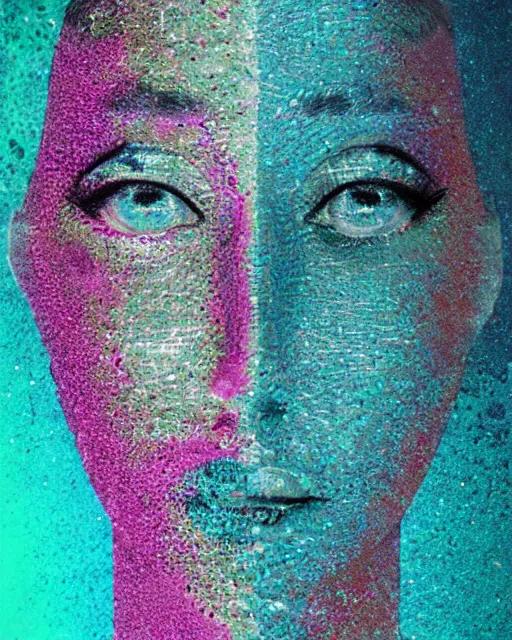 Prompt: singularity, different women's faces, cut and paste collage, liquid metal, frozen, clean glow, hypnotized, cold texture, utopian, low colors, glitched patterns, serene emotions