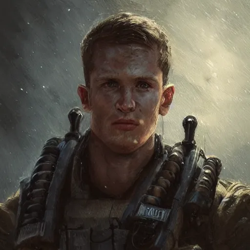 Prompt: portrait of a man by greg rutkowski, alexander ludwig as a colonial marine from aliens franchise, he is about 3 0 years old, military composure, wearing the tactical gear of the colonial marines, highly detailed portrait, digital painting, artstation, concept art, smooth, sharp foccus ilustration, artstation hq