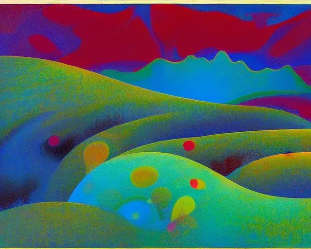 Image similar to An insane, modernist landscape painting. Wild energy patterns rippling in all directions. Curves, organic, zig-zags. Mountains, clouds. Rushing water. Waves. Psychedelic dream world. Odilon Redon. Agnes Pelton. Peter Max.