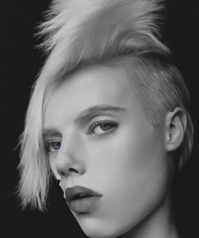 Prompt: a color photograph of edie campbell, bleached blonde short hair, by robert mapplethorpe, intense, bold, hyperrealistic, ultra sharp, extra details, ultra high quality, trending on pinteresst