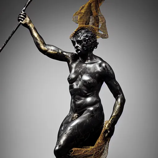 Prompt: studio portrait, a roman revival black marble statue of a screaming roman woman with her face and torso covered in an intricate golden fishing net