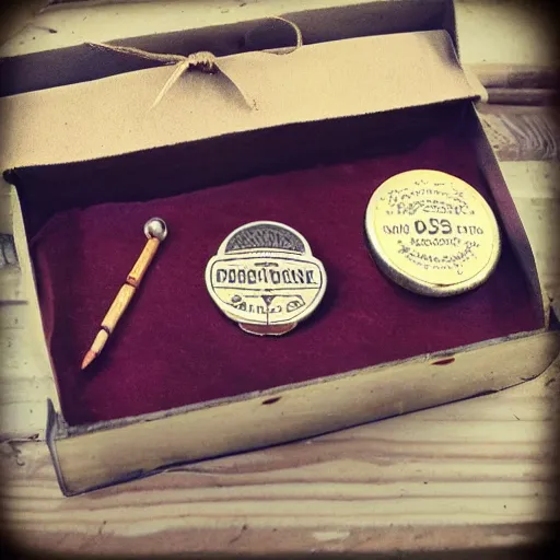 Image similar to vintage gift box for men, stamped with sealing wax, old school, wes anderson style