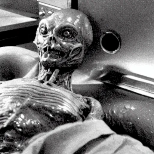 Image similar to photo of alien autopsy done by Ronald Reagan on the recovered Roswell aliens , psychedelic