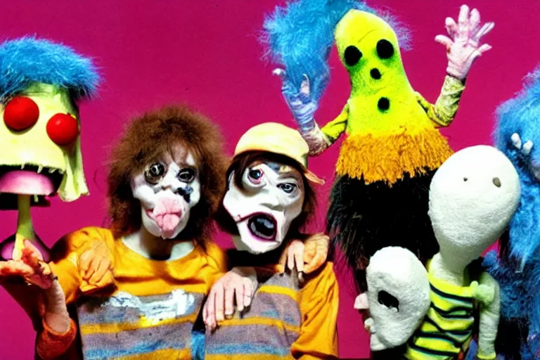 Prompt: a full color still from a weird live action 1 9 7 3 kids show about cheese death, puppets, fuzzy ghost, grunge, horror, static