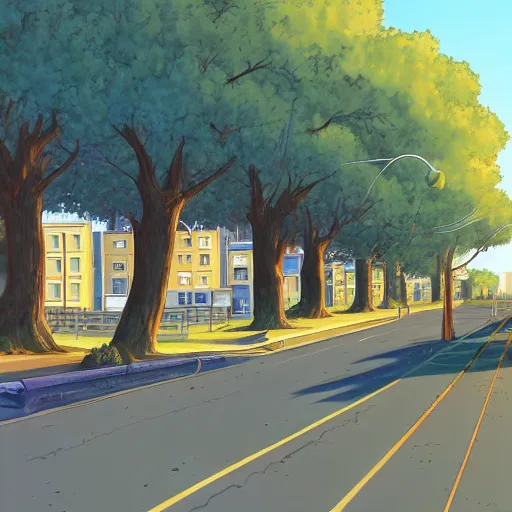 Prompt: neighborhood street, uptown street, golden hour, golden sunshine, trees over road, shining sun in distance, trees, juniper trees, oak trees, cars parked in street, long street, distance, cel - shaded, raytracing, cel - shading, toon - shading, 2 0 0 1 anime, flcl, jet set radio future, drawn by artgerm