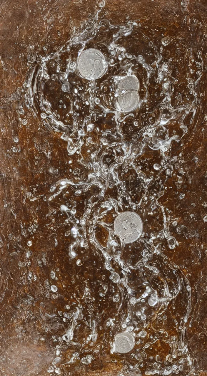 Prompt: a stream of water entering a mechanism made from organs and producing a coin in the style of carlo scarpa, photographic , 8k