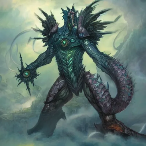 Image similar to thunder dragon colossus, character concept in the style of keith thompson, magic the gathering art