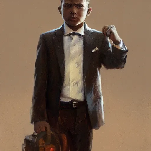 Image similar to oil painting of a man in a suit indifferent to an orphan boy who asks, by greg rutkowski, artstation