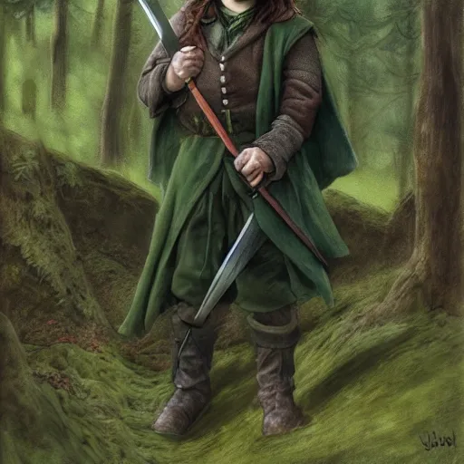 Image similar to a young hobbit ranger wearing a dark green hood and a cloak in the forest, wearing adventure gear, holding a sword, realistic, detailed, masterpiece, short brown hair, clean shaven, by John Howe and Alan Lee, trending on ArtStation