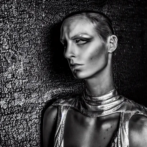 Prompt: fashion photography of an extraterrestrial model, wearing demobaza fashion, inside berghain, berlin fashion,, futuristic fashion, dark minimal outfit, photo 3 5 mm leica, hyperdetail, berghain, 8 k, very detailed, photo by cahun claude