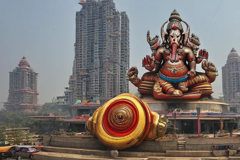 Image similar to beautiful futuristic new delhi, sharp technopunk ganesha!! building, kalighat flowers, highly detailed, stephen shore & john j. park, cinematic morning light, wide shot, ground angle, uhd 8 k, sharp focus