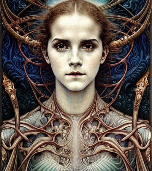 Prompt: detailed realistic beautiful young medieval alien robot emma watson face portrait by jean delville, gustave dore and marco mazzoni, art nouveau, symbolist, visionary, gothic, pre - raphaelite. horizontal symmetry by zdzisław beksinski, iris van herpen, raymond swanland and alphonse mucha. highly detailed, hyper - real, beautiful, fractal baroque